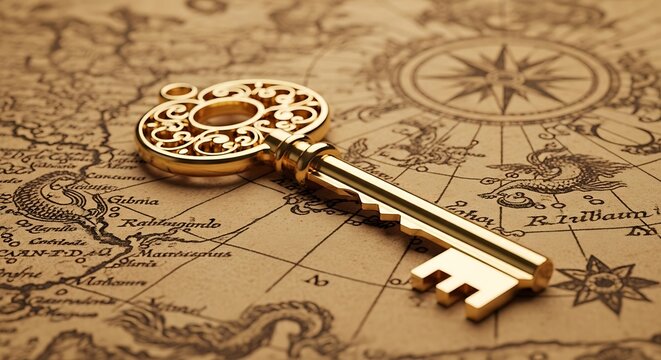Golden key on an antique map symbolizing adventure