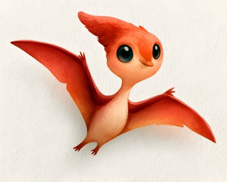 Cute baby pterodactyl with big eyes and orange wings flying