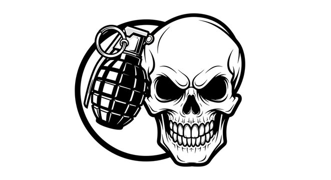 Black and white illustration of a skull with a grenade