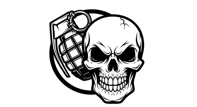 Vintage style illustration of a human skull combined with a military hand grenade design