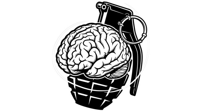 Conceptual illustration of a brain shaped like a grenade symbolizing overwhelming thoughts and mental explosion