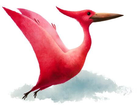 Bright red pterodactyl flying over a light blue cloud with its wings spread