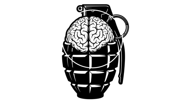 Conceptual illustration of a grenade filled with a human brain symbolizing explosive thoughts and mental health