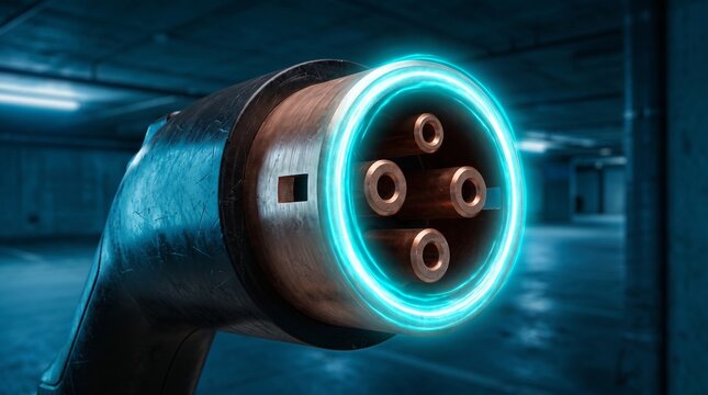 Conceptual macro of an EV charging connector plug with glowing cyan energy rings