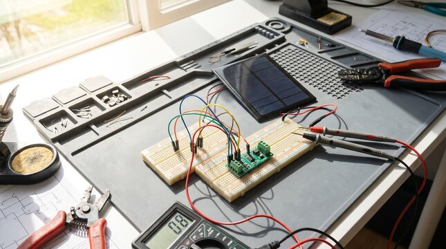 Conceptual close up of a voltage sensor measuring current from a small solar panel