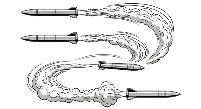 Three vintage style missiles with swirling smoke trails in a dynamic aerial illustration