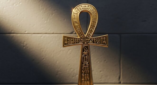 Golden ankh symbol on stone wall
