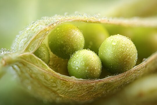 Three Fresh Green Peas in Pod Covered with Dew Drops