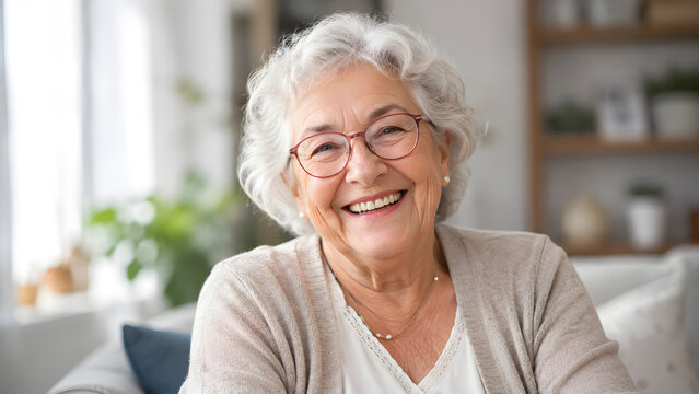 Portrait of a happy senior woman with white hair and glasses smiling at home in a bright living room setting