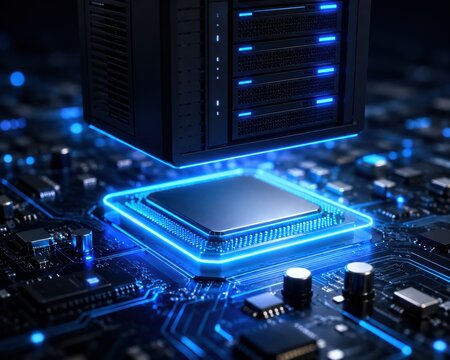 Server rack hovering over glowing blue CPU on a circuit board with bokeh lights