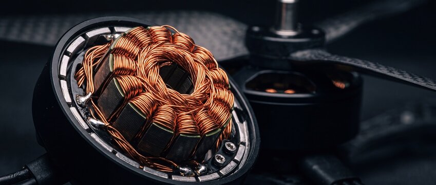 Copper wire motor coil inside electric motor with carbon fiber propeller and dark background.