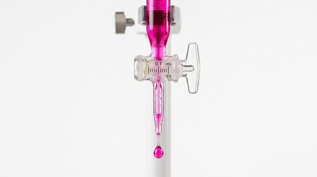 Burette dripping vibrant pink chemical liquid during titration