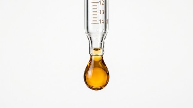 Burette glass tube with golden liquid drop on white background