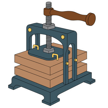 Vintage bookbinding press vector illustration, antique manual screw press for paper and book binding, traditional cast iron book press