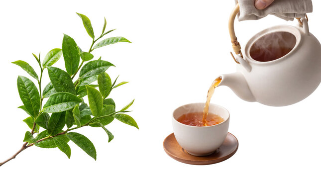 Fresh green tea leaves with white ceramic teapot, pouring hot organic tea into a cup, healthy herbal beverage on white background