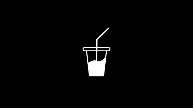 White outline soda drink cup icon with straw on black background.Animated straw cup swaying icon. Coffee mug line animation. Beverage food, disposable container.