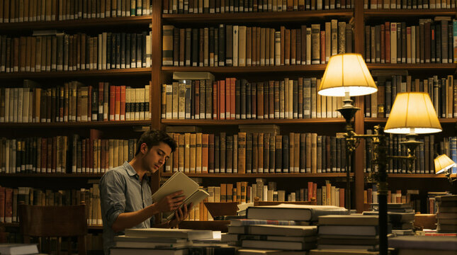 Endomorph man reading a book in a vintage library with warm lamp lighting and bookshelves
