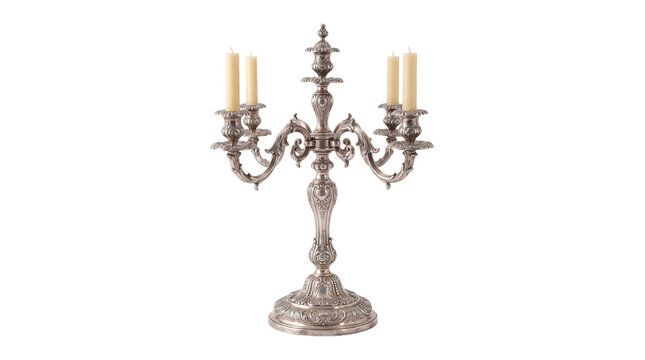 Vintage silver candelabra with four candles, ornate antique metal candlestick holder, elegant baroque style centerpiece for formal dining