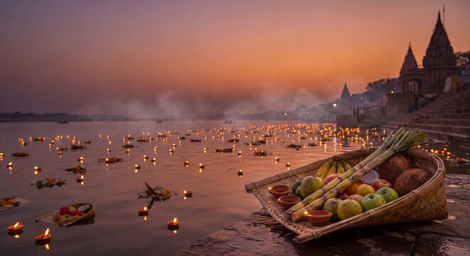 Chhath Puja Riverside Diyas and Bamboo Soop Twilight Background