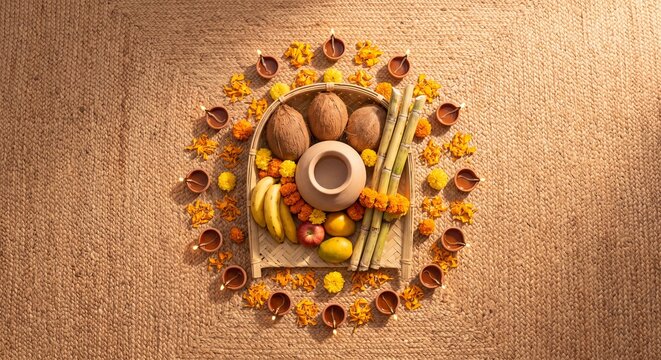Chhath Puja Traditional Offering Arrangement Still Life