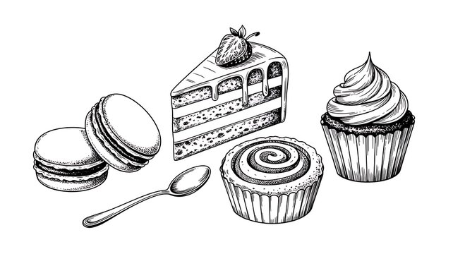 Handdrawn collection of sweet desserts including cake slice macarons cupcake and bun