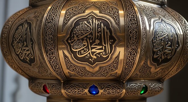 Detailed golden lamp with arabic calligraphy