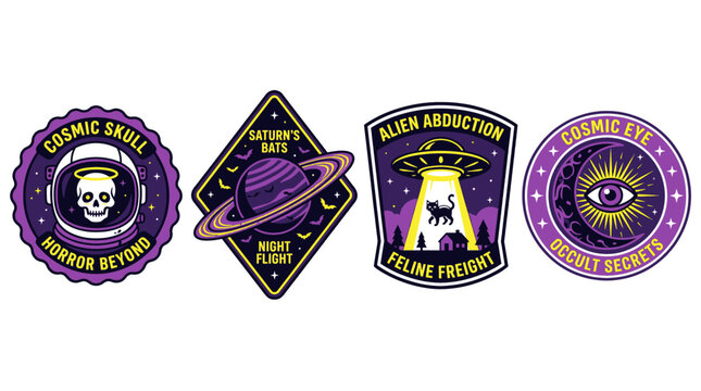 Cosmic Space Alien UFO Skull Planet Eye Patches Badges Psychedelic Galaxy Abduction Astronomy Retro Vector Illustration