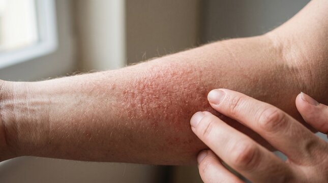 Irritated red skin rash on a human forearm being gently touched by fingers showing signs of inflammation texture and medical condition needing dermatological health care treatment