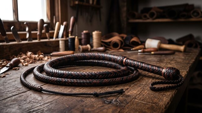 Handcrafted Leather Bullwhip on Wooden Workbench inside a Traditional Leather Craft Workshop
