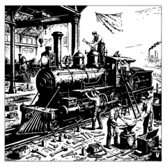 Vintage archival illustration of mechanics repairing a steam locomotive in a historic railroad roundhouse workshop. © MD Rafiqul Islam