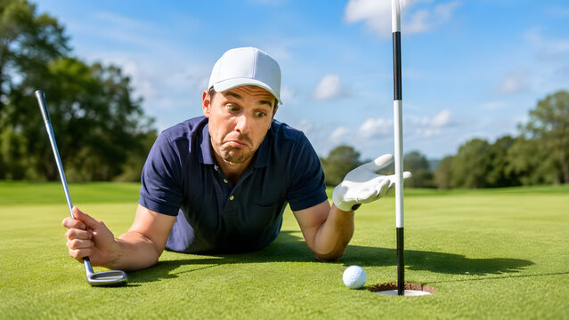 Golf player lying on the green with a confused expression after missing a putt