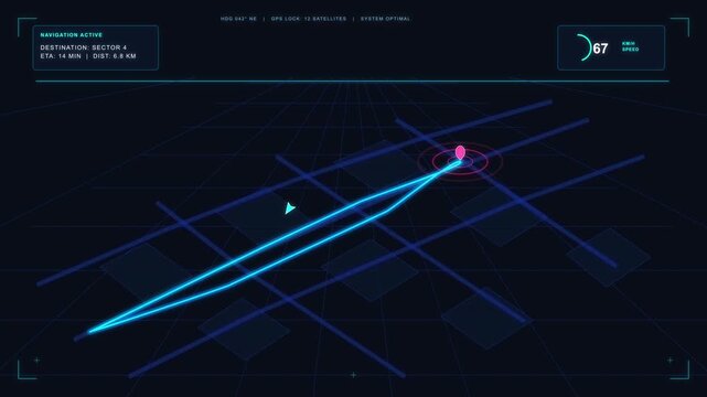 3D motion graphic GPS map navigator with glowing route and destination marker
