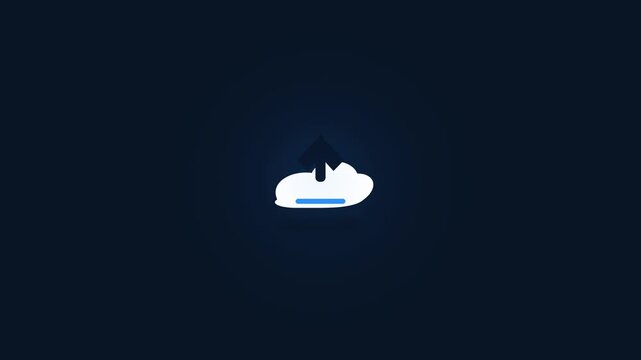 A minimalist digital cloud upload icon glowing against a dark blue background representing data transfer and storage concepts