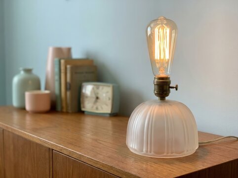restored vintage table lamp Vintage-style lamp with Edison bulb on wooden surface surrounded by books and vases