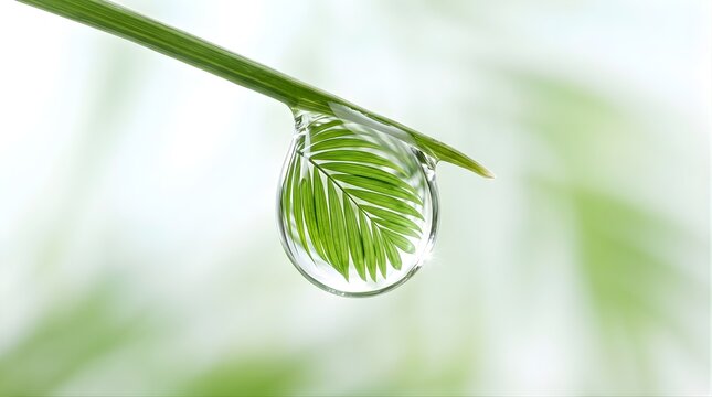 Clear water drop hanging from a green plant stem reflecting a palm leaf