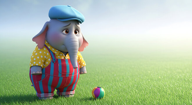 Sad 3D Baby Elephant in Red Overalls and Blue Cap Standing Alone on Grassland Near Ball