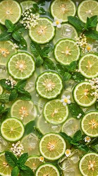 Refreshing overhead macro background of Citrus hystrix kaffir lime slices submerged in juice with mint leaves, ice cubes, and white flowers. Citrus drink