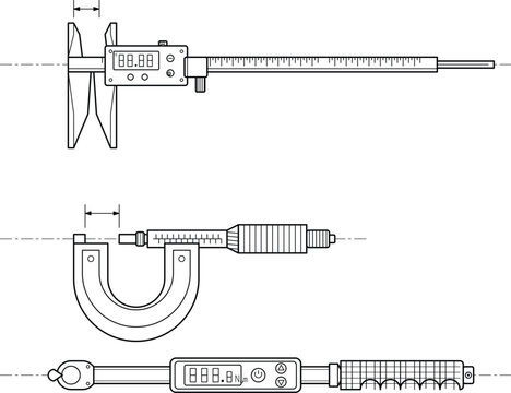Precision Measuring Tools Line Illustration Featuring Vernier Caliper, Micrometer, Depth Gauge and Digital Measurement Instruments