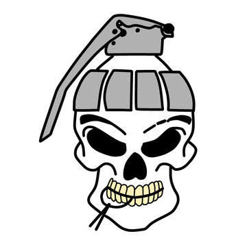 Skull grenade biting pin vector art illustration.