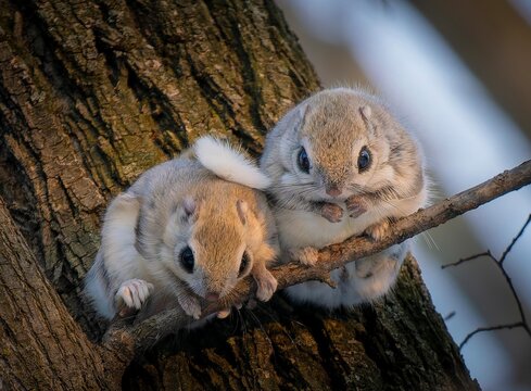 Two Siberian Flying Squirrels Sharing a Branch