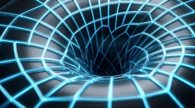 Glowing blue digital tunnel vortex with futuristic grid mesh structure and dark depth