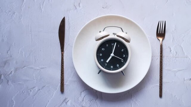 White alarm clock sitting on dinner plate with fork and knife on white background showing intermittent fasting concept