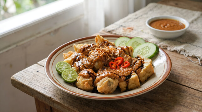 Indonesian batagor served with fresh cucumber, lime, peanut sauce, sweet soy sauce, and chili, combining crispy fried dumplings with fresh traditional accompaniments