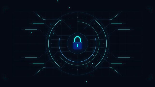 Cybersecurity digital network interface with glowing lock icon and data protection lines, dark blue background loop.