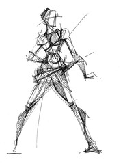 Dynamic Person in Angular Pose Sketch Illustration. Warrior © NazarDiablo