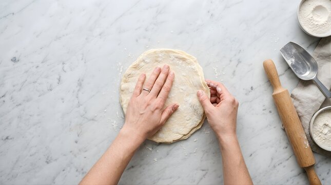 Hands flattening raw pastry dough on a white marble kitchen countertop