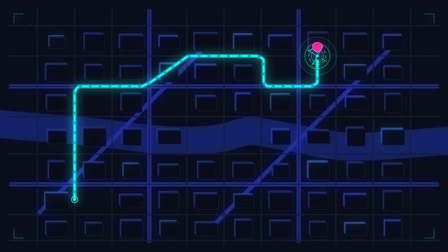 3D city map navigation route top view, showing destination and direction, digital cityscape