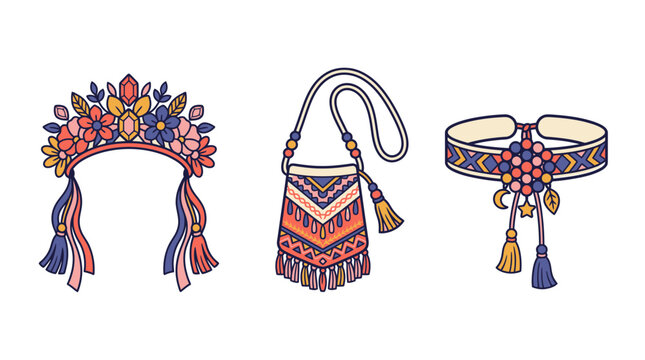 Vector illustration set of bohemian accessories including floral headband ethnic fringe purse and tribal tassel choker for fashion design