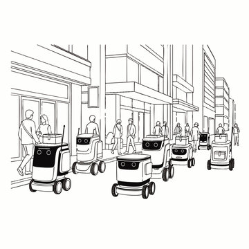 Modern automated delivery robots lined up outside a bustling urban storefront, concept for smart logistics, warehouse automation and retail efficiency solutions