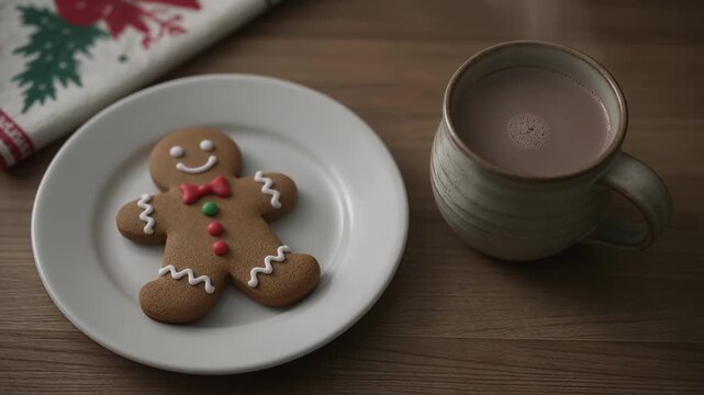 Food - Cozy Christmas scene with a gingerbread man cookie on a white plate and a warm cup of hot chocolate on a wooden table